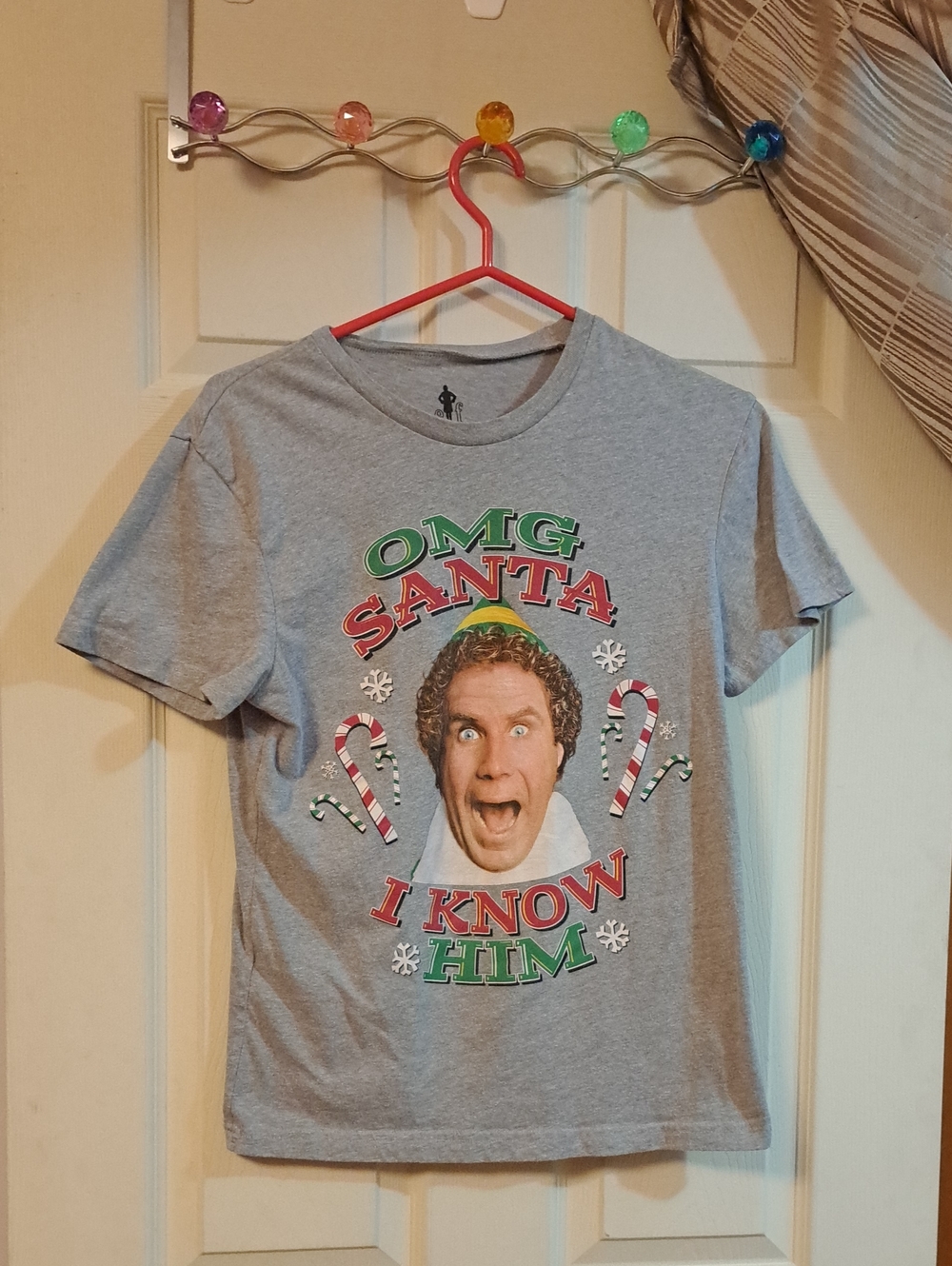 ELF Graphic Holiday Tee in Gray with Red & Green Print